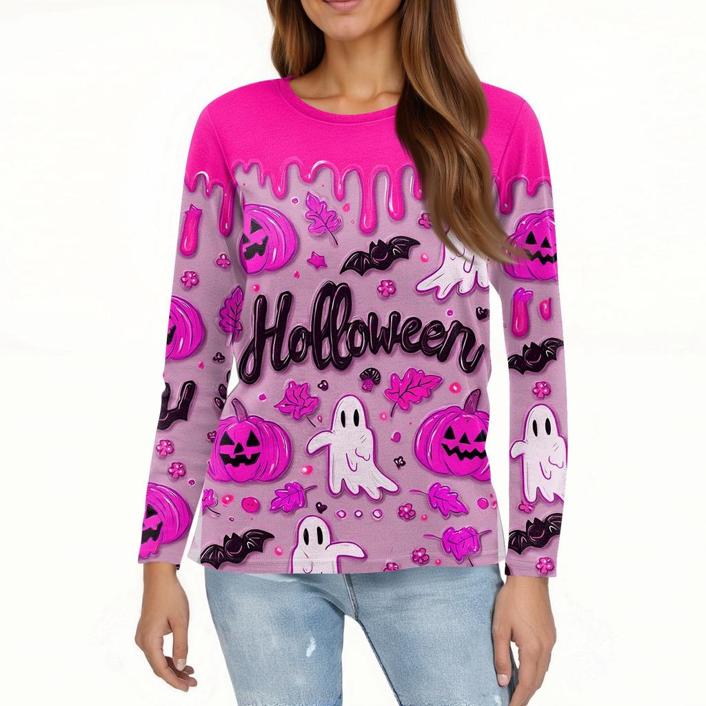 Women's Fashion Casual Slit Hem Round Neck Long Sleeve Loose Halloween Printed T-Shirt Ladies Top