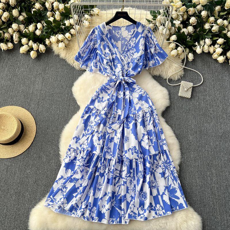 

French Style Retro Kikyo Skirt 2024 Summer New Arrival Lace-up Waist-Controlled Stylish Elegant Floral Chiffon Dress Blue All yards