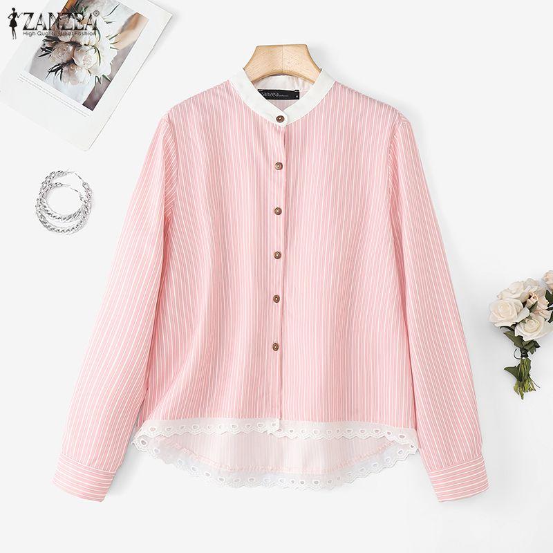 ZANZEA Women Casual Round Neck Long Sleeve Lace Splice Stripe Blouse