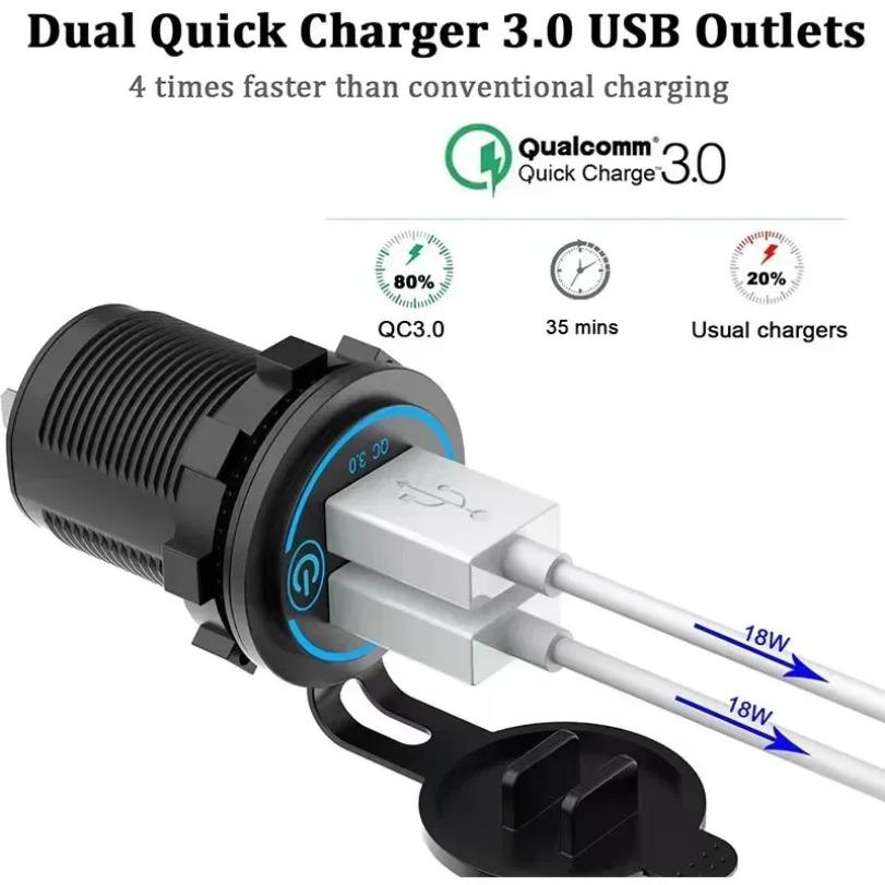 Auto Schnellladeadapter 60W Dual QC 3.0 Dual USB Schnell-Autoladebuchse 12V/24V Wasserdicht mit Schalter Auto Stromausgang