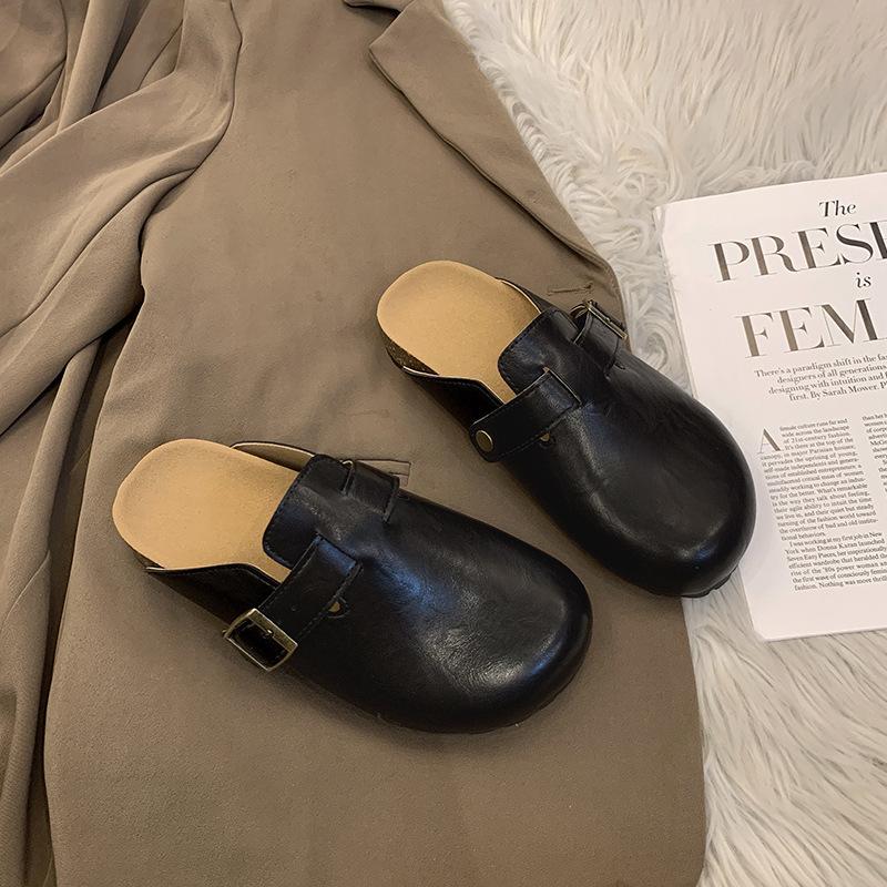 

[Uncle Shoe] New French thick-soled Birkenstock spring and autumn leather surface, ugly and cute bag head slippers, women s thick-soled half-drag 35 чёрный