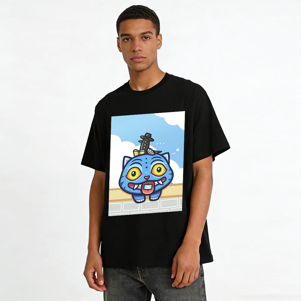 Whimsical Blue Cat Print Casual T-Shirt, Unisex Fun Cartoon Graphic Top Trendy Daily Wear For All Pure cotton T-shirt