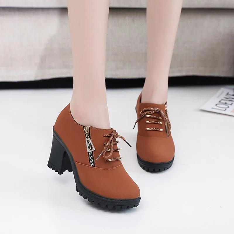 Fashion Women's Retro High Heel Ankle Boots New Square Heel Woman High Boots Female Round Toe Side Zipper Platform Short Booties
