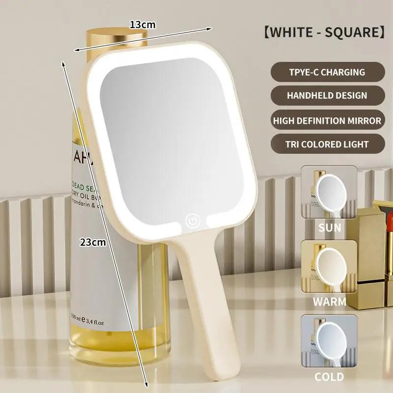 LED Slim Make-up Spiegel Handheld Draagbaar 3 Kleuren Helderheid Aanpassen met Touchscreen Cosmetische Tafelblad Vanty Spiegel Reizen Huisgebruik