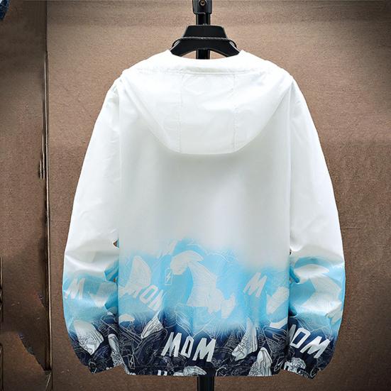 Gradient Print Hooded Drawstring Pockets Zipper Placket Windbreaker Jacket Men Summer Thin Sun Protection Coat