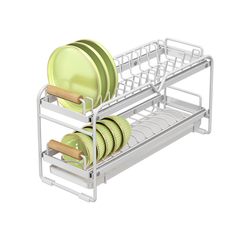 Kitchen cabinet countertop dish and plate storage, pull-out, non-adhesive, non-slip pull-out storage basket and draining rack.