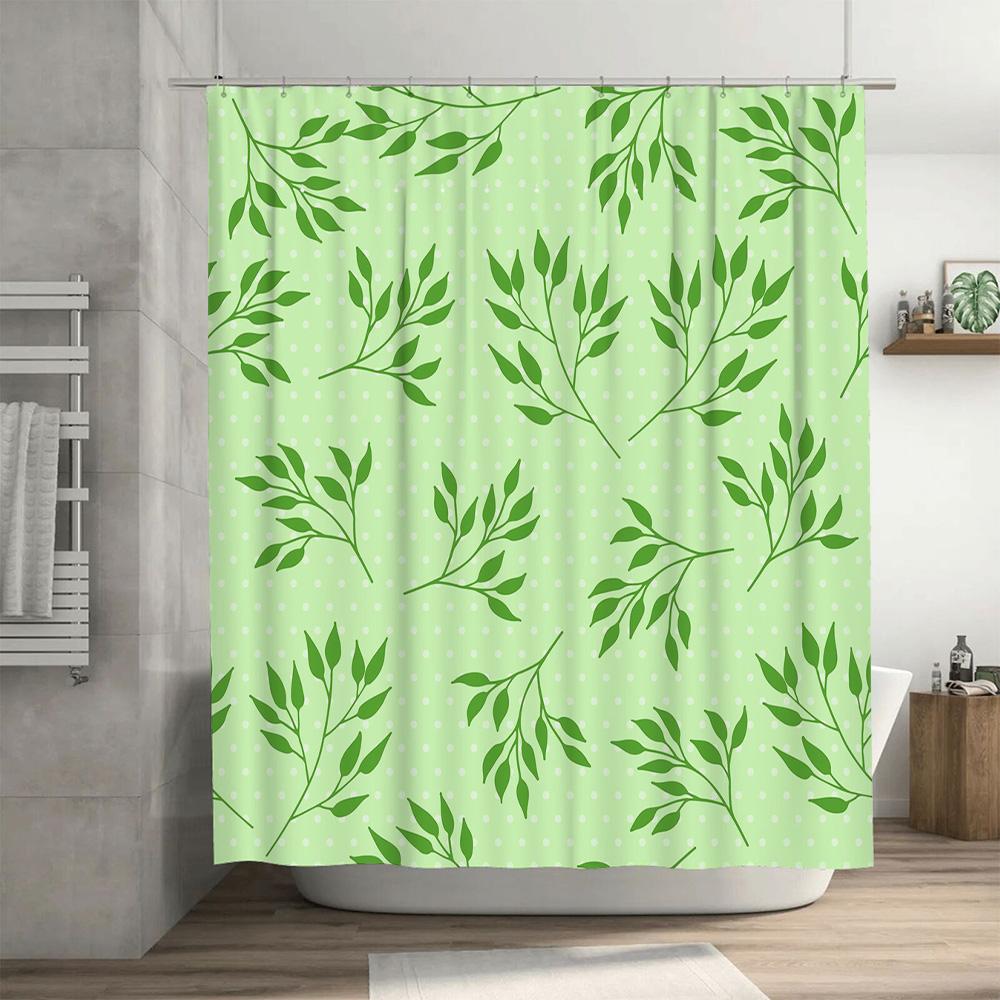 Green Leaf Print Shower Curtain Home Bathroom Decor with White Polka Dots Pattern Wall Hanging Water Splash Protection Waterproo