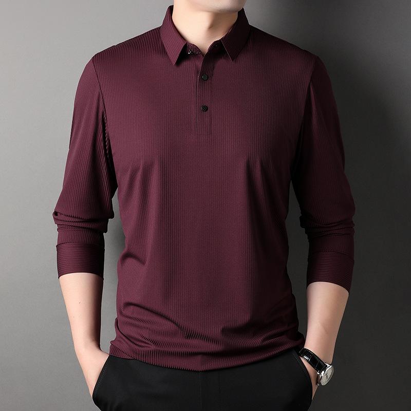Autumn New Long-sleeved T-shirt Men's Middle-aged Casual Lapel Seamless Nylon Striped Polo Shirt