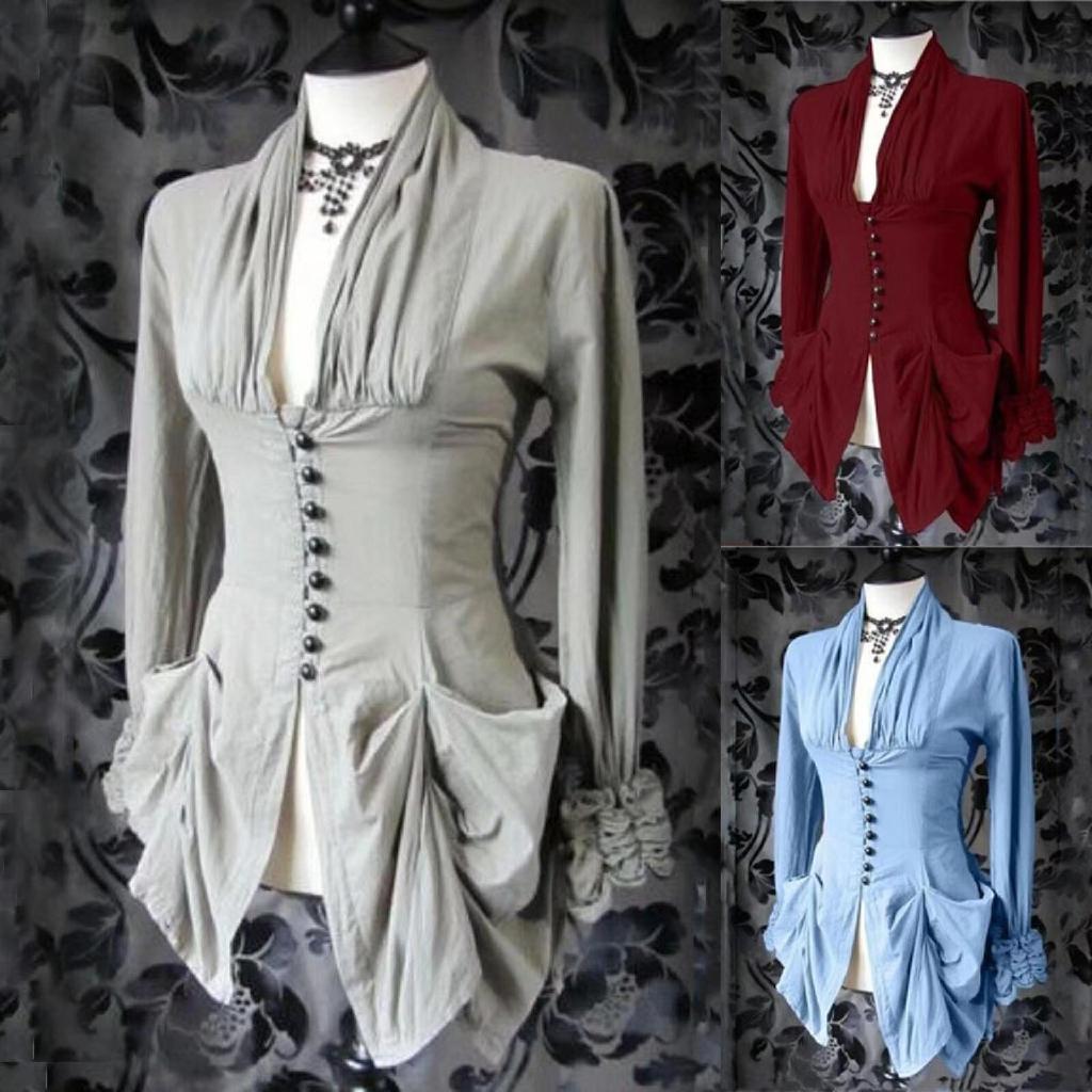 Summer Women's Solid Colour Temperament V-Neck Buttoned Long Sleeve T-Shirt