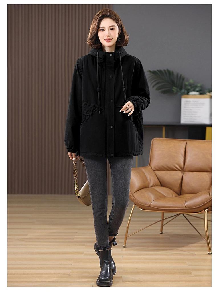 Women's 2024 Mid-Length Hooded Cotton Parka - Fleece-Lined, Solid Color, Casual Loose Fit, Winter Coat
