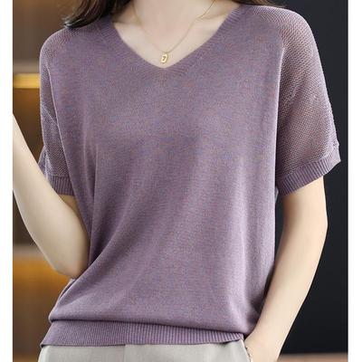 Schicker figurbetonter V-Ausschnitt Strick-Sommerpullover - Damen Kurzarm Hohl-EisSeide Oberteil