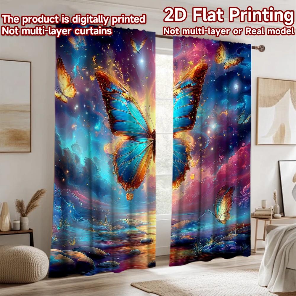 2D Flat Printing 2pcs Curtains Cosmic Butterfly Nebula Digital Printed Polyester Drapes Festive Holiday Perfect for Art Party