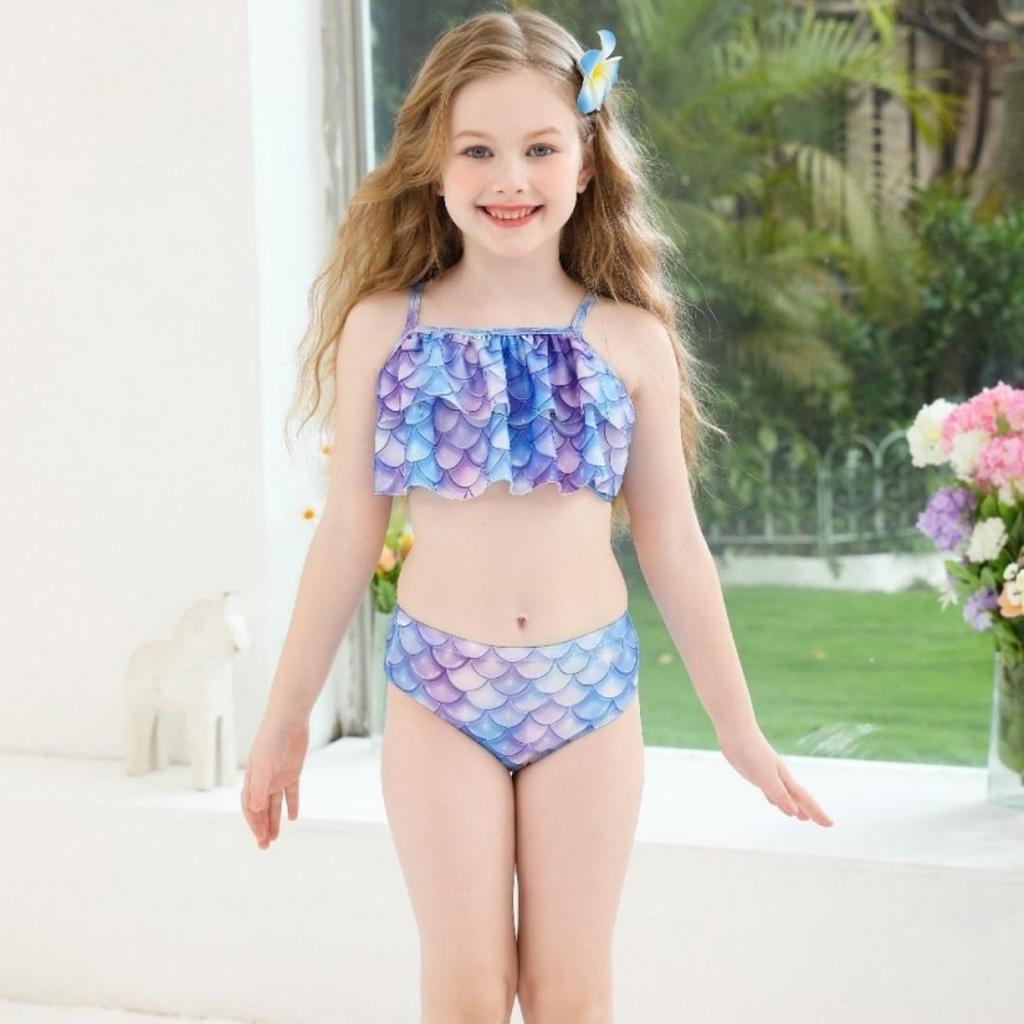 3Pcs Girls Mermaid Tail Swimsuit Children Memaid Swimwear Bikini Bathing Suit Halloween Costume Princess Beach Party Clothing
