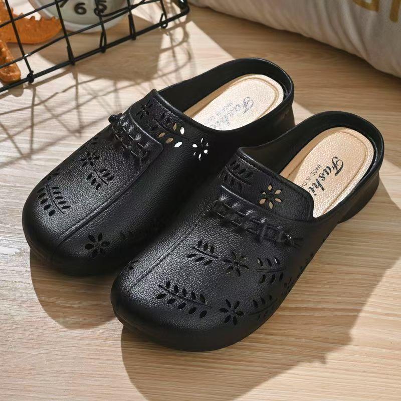 Women Baotou Hollow Out Waterproof Half Slippers Summer New Soft Sole Non Slip Breathable Flat Sole Home Slippers Beach Slippers 36 чёрный
