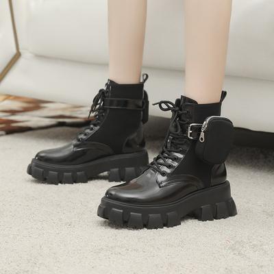 Mode Damen Plateau Stiefel Leder Motorrad Stiefeletten Keile Damen Schnürschuhe Mode Schwarz Gürtelschnalle Tasche Damenstiefel