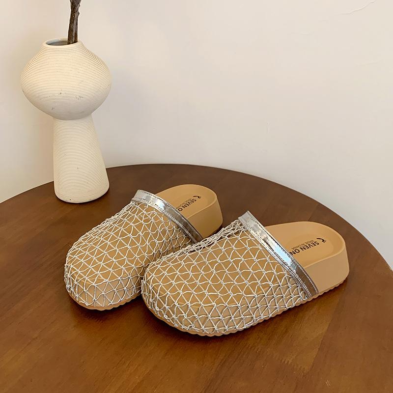 

Flat bottom mesh breathable outer wear silver bag head half slippers women s new summer one-pedal lazy cool slippers 40 серебряный