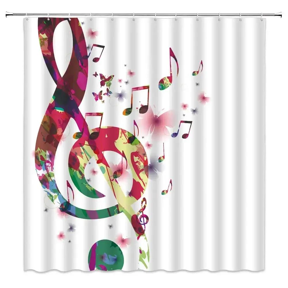 Music Shower Curtain,Black And White Music Notes Bathroom Shower Curtains Polyester Fabric Fashion Gray Bathroom Set With Hooks