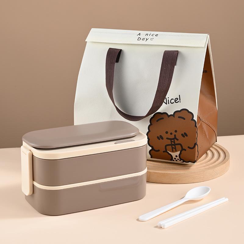 Portable, Microwaveable Square Lunch Box with Tableware: Double-Layer, Large Capacity for Office Workers & Students