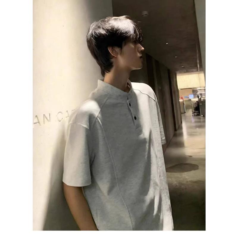 Men Light Gray Stand Collar Half Button Short Sleeve Henley Shirt M