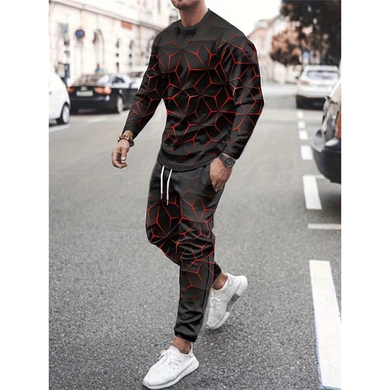 Men's Fashion Graffiti Novelty Pajamas Loungewear Set Autumn Men's Daily Casual Long-sleeved T-shirt Street Fashion Pants