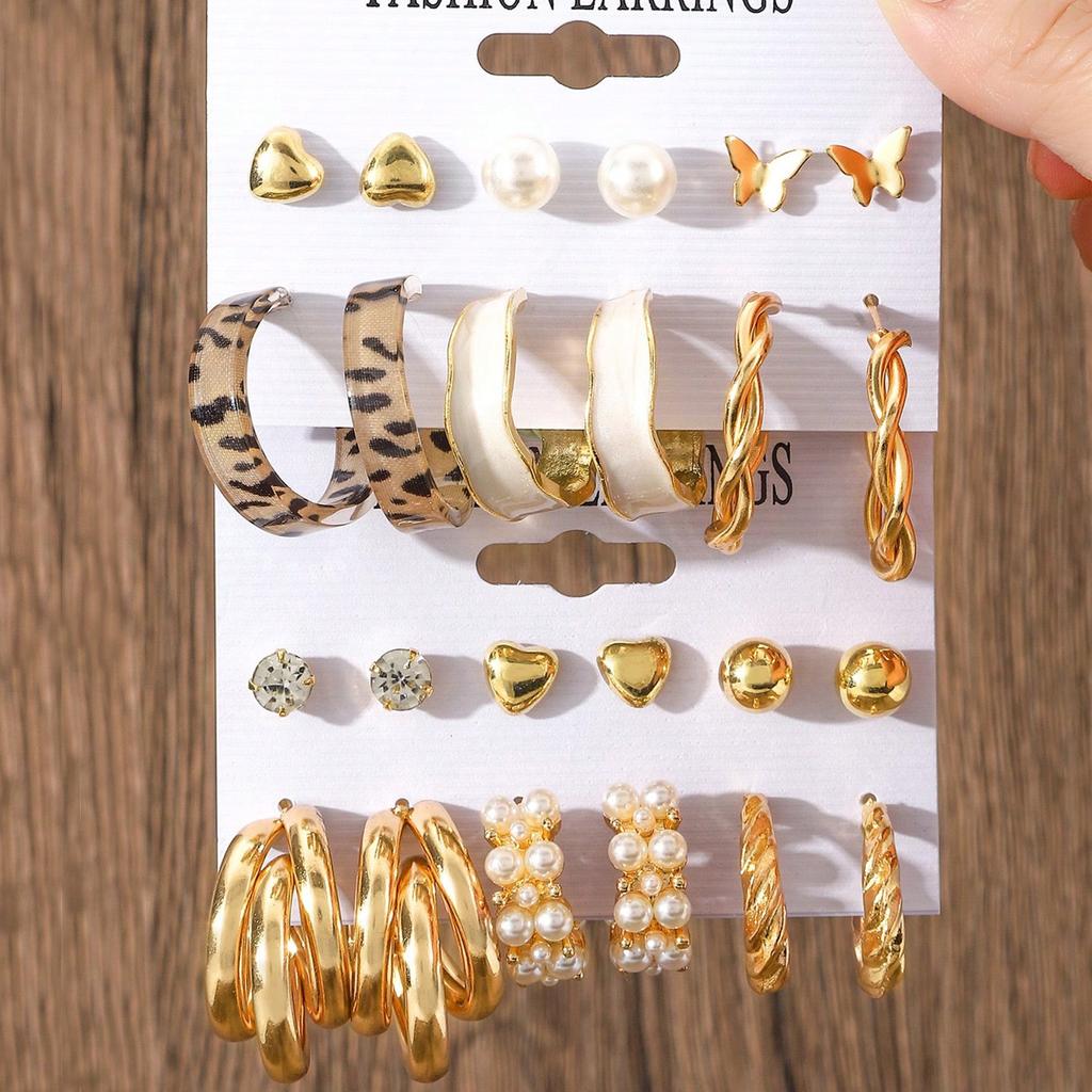 Europe and the United States hot-selling leopard print pearl butterfly love earrings, retro gold earrings set 1 piece set