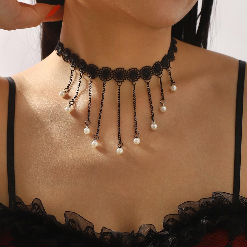 Vintage Lace Pearl Pendant Necklace, Court Style Fringed Chain Chokr Neck Chain