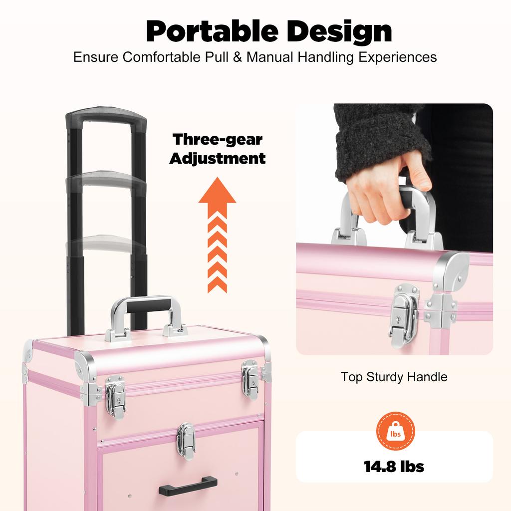 Rofessional Rolling Makeup Case, 3-Layer Train Case with 40 Compartments & 2 Drawers, 50kg Capacity Portable Beauty Organizer