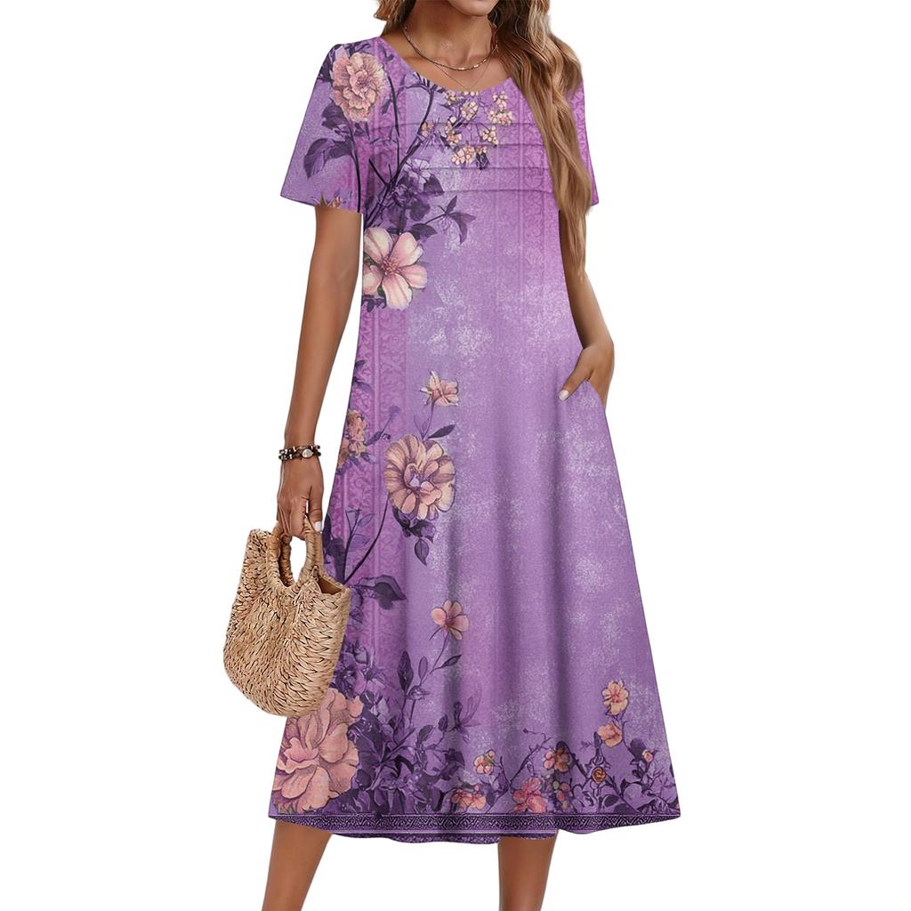 Ladies' Floral Printed Casual And Fashionable Short Sleeved Round Neck Dress