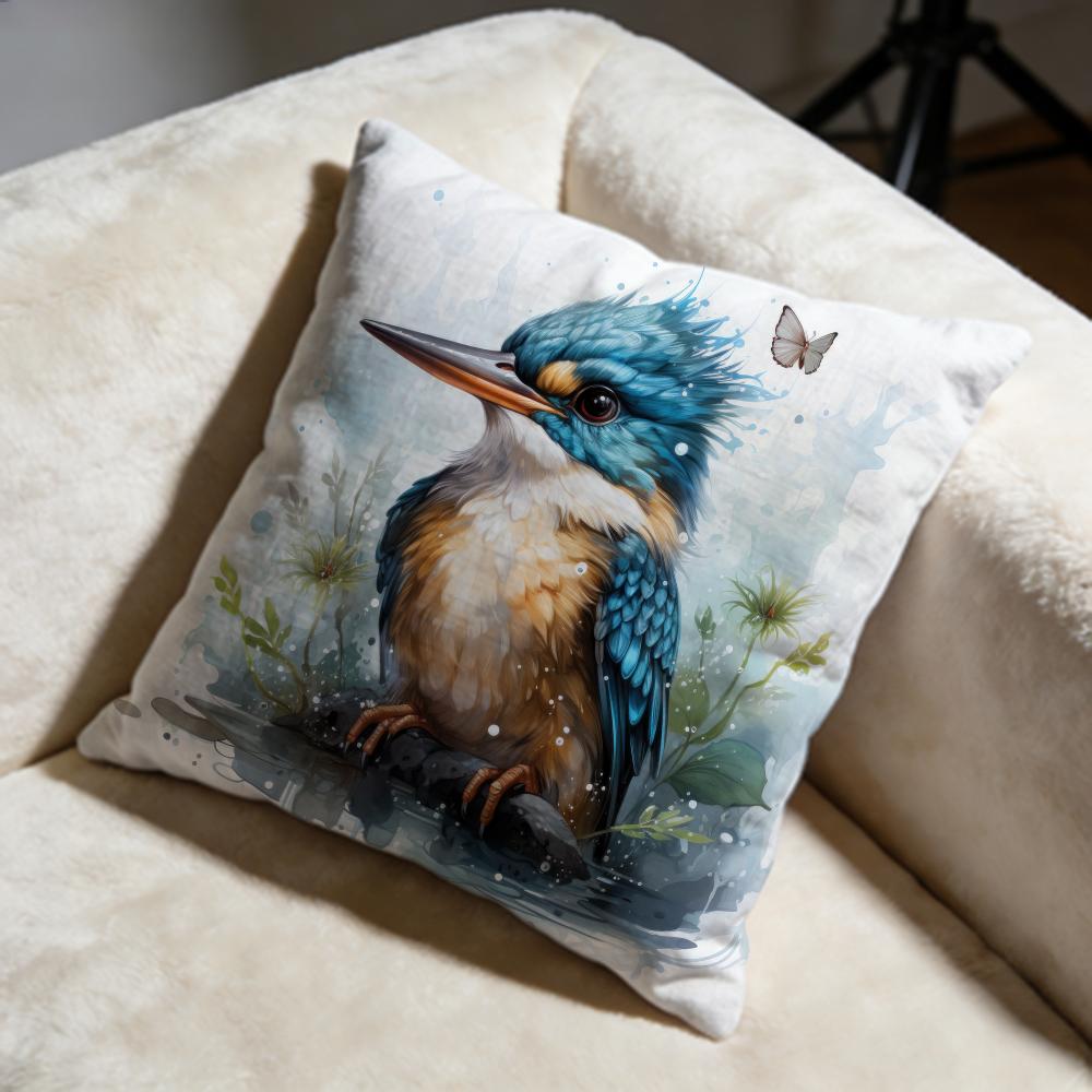 Kingfisher Watercolor Painting Cushion Cover Soft Decorative Pillow Case Suitable for Bedroom Sofa Car Travel Use