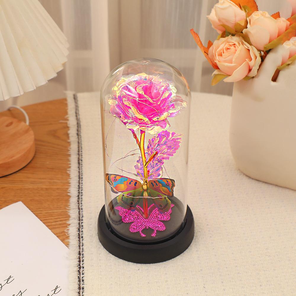 Butterfly Water Brick Gold Foil Flower with Lamp Glass Cover, Bedroom Rose Night Light Ornament, Valentine's Day and Mother's Day Gift.