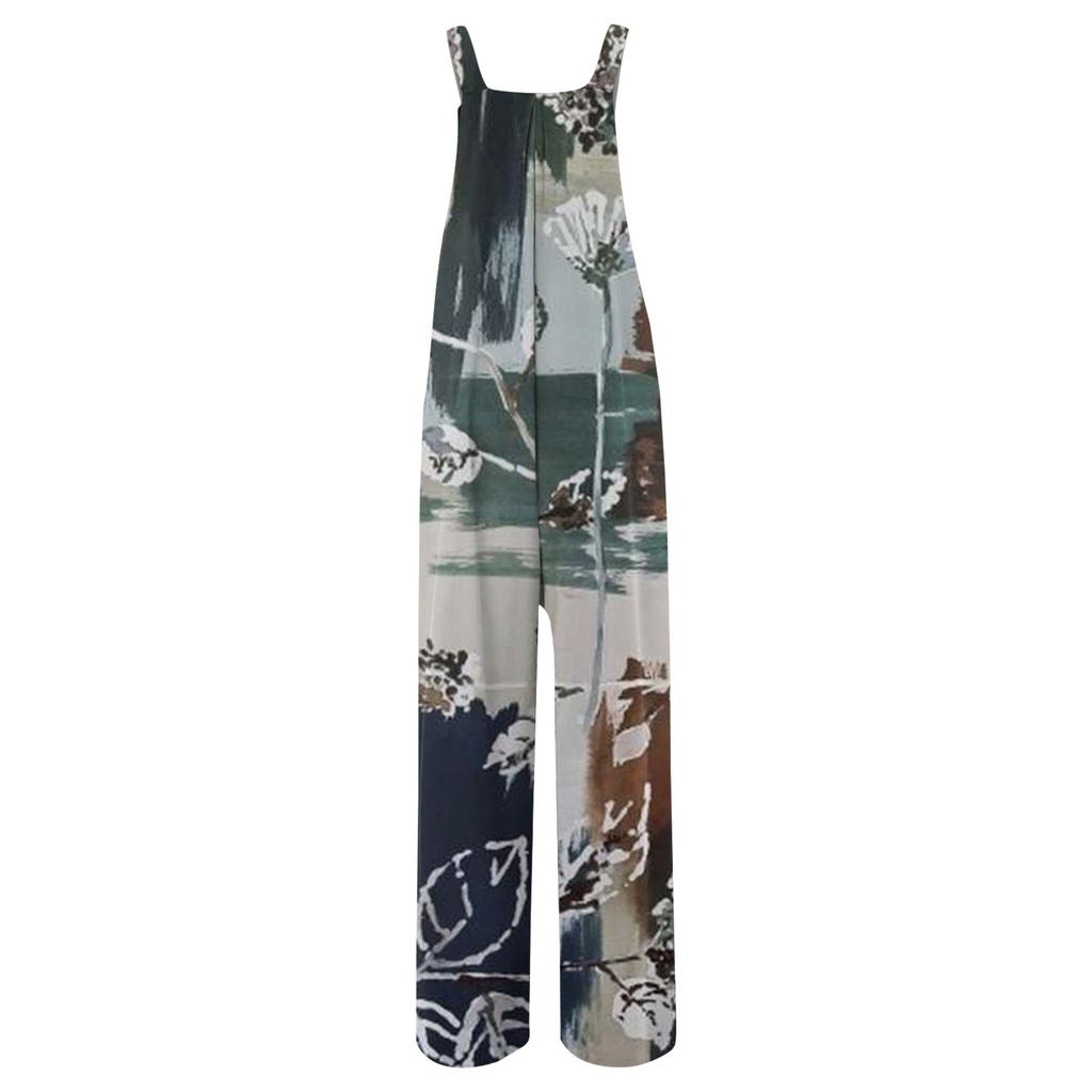 Women's Fashion Casual Loose With Pockets  Sleeveless Printed Jumpsuit