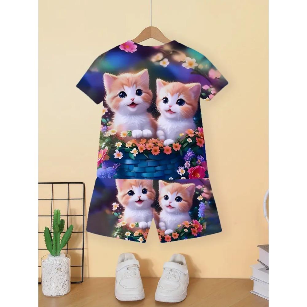 Children's Cat T-Shirt Shorts Set Summer Casual Girl Clothes Short Sleeve Kids Sets for Children Tops Outdoor Sport Girl Outfits