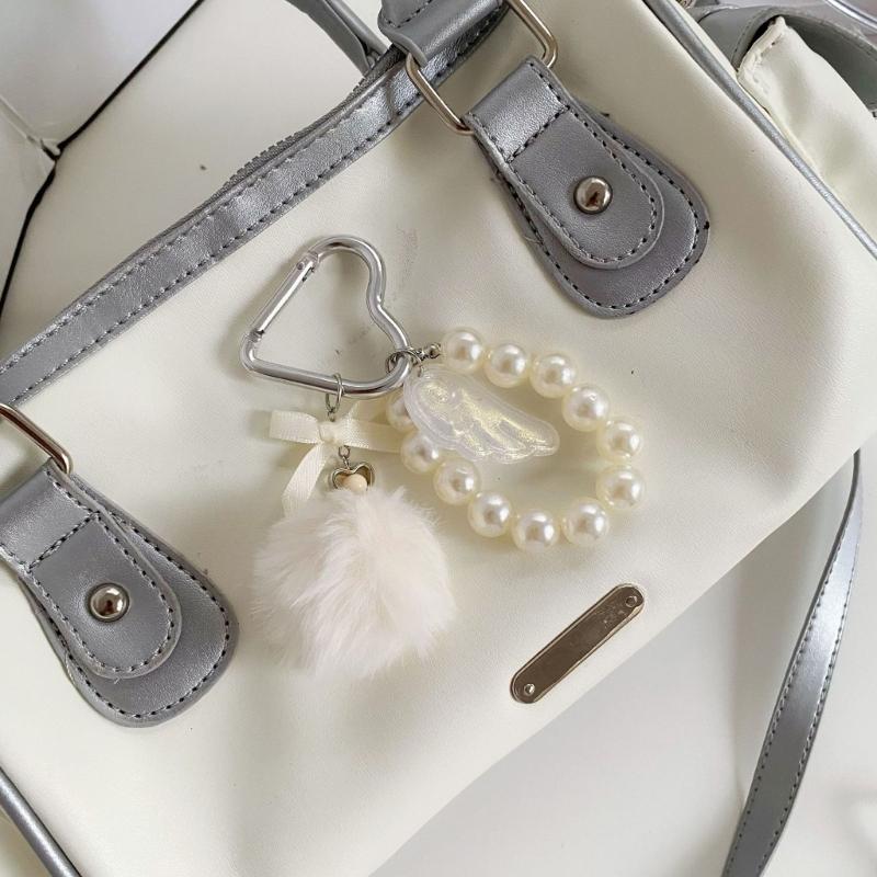 Elegant Pearls Pompoms Wing Keychain Winter Stylish Bag Charm Phone Ornament Fashion Accessory Gift For Her