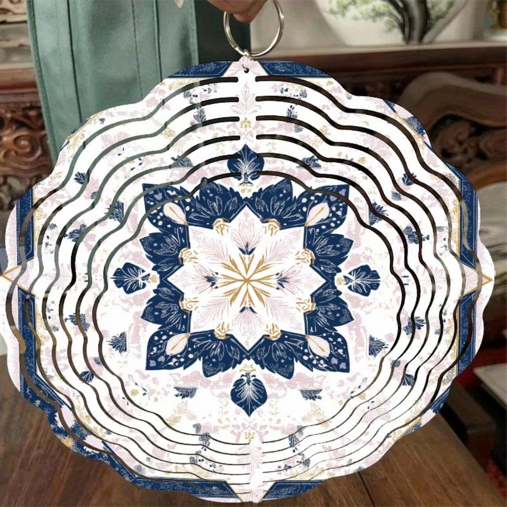 Vintage Blue Floral Wind Spinner 25cm Laser Cut Metal Hanging Decor 360 Rotating Hook for Garden Indoor Outdoor All Seasons Halloween Thanksgiving