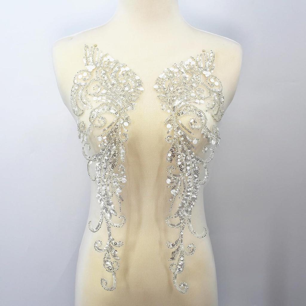 Ein Paar 3D Perlenstickerei Pailletten Spitze Applikation Aufnäher Blume Stoff Kragen Patch für Hochzeitskleid Braut DIY Handwerk(Weiß)