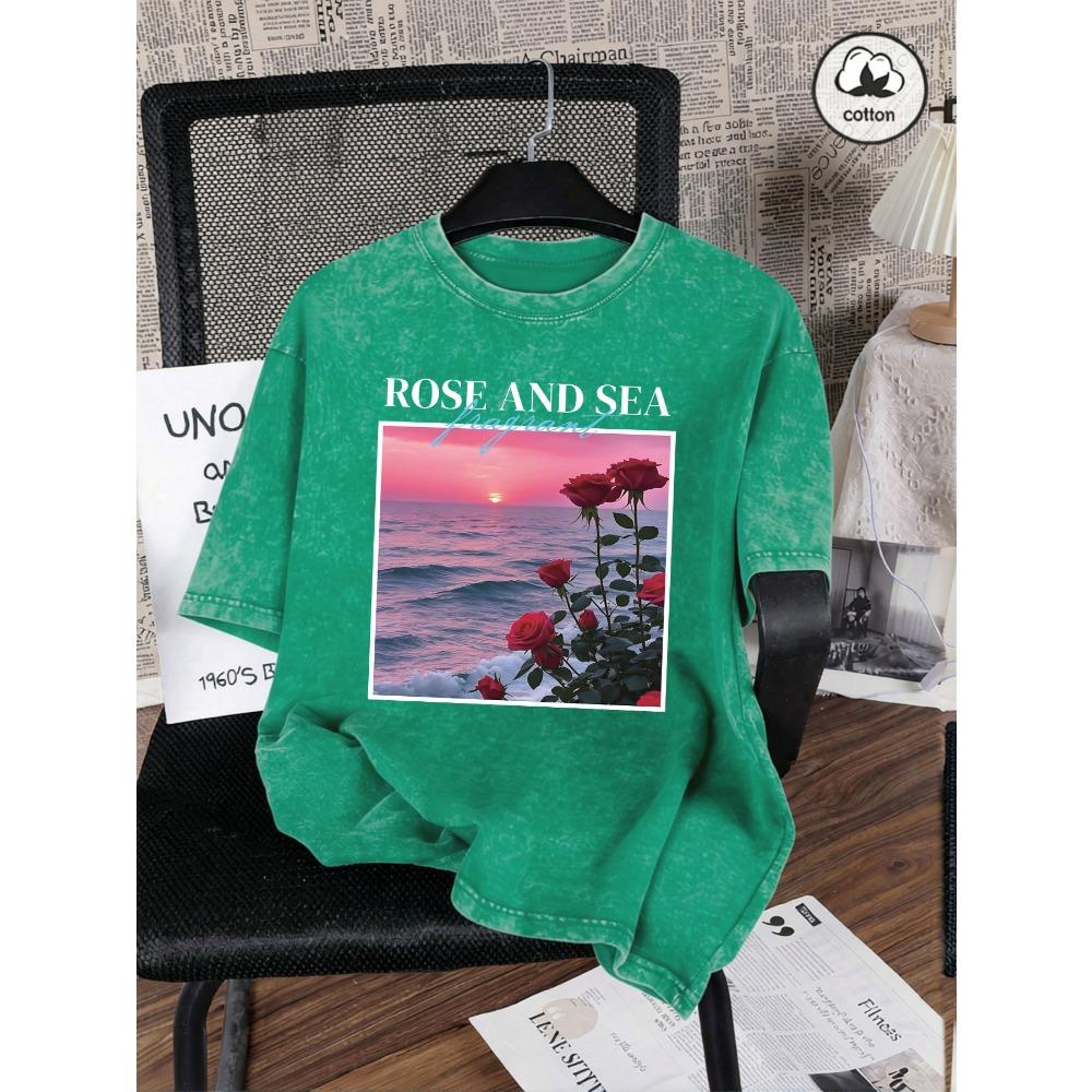 Beautiful Rose And Sea Print Washed T-Shirt Women Summer Crewneck T Shirt Y2K Loose Short Sleeve Cotton Streetwear