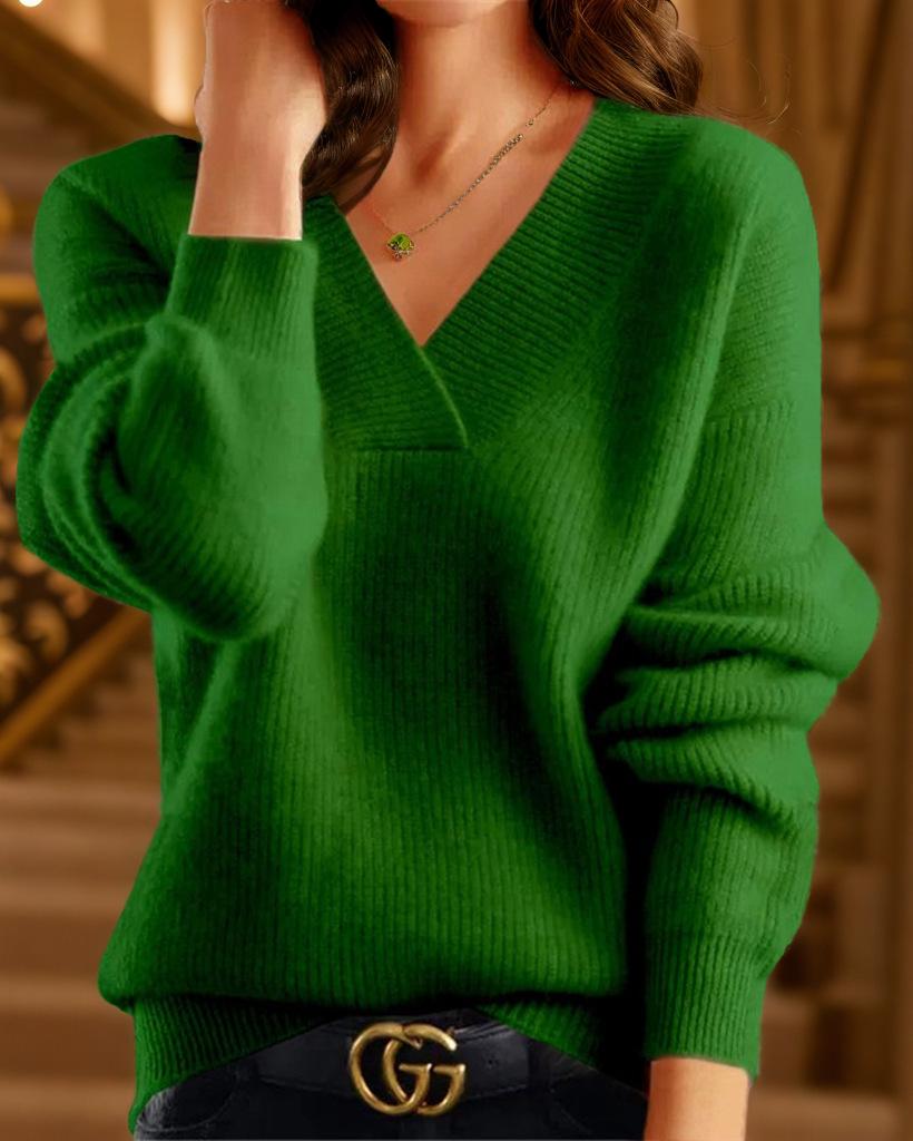 2024 Autumn/Winter Women's V-Neck Solid Color Knit Top: Multicolor Pullover Sweater