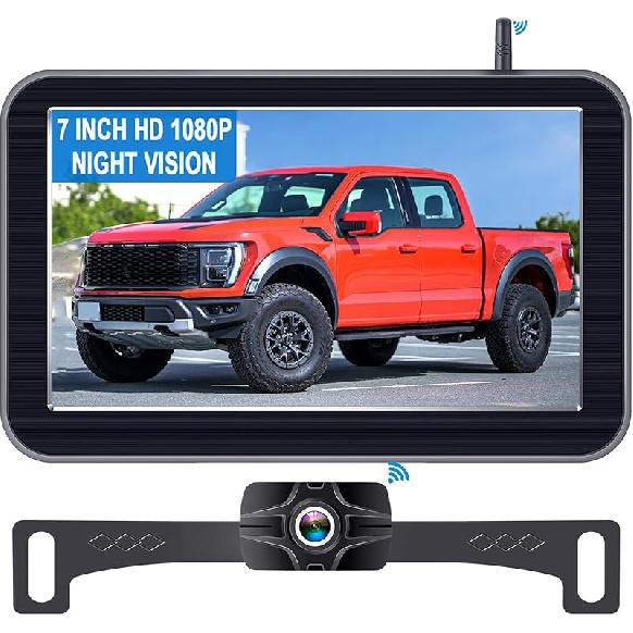 7-Inch Wireless Backup Camera for Truck - 2 Channel, DIY Grid Lines, HD 1080P, Night Vision, IP69K Waterproof, Backup Camera for Truck, Pickup, 7   + License Plate Camer