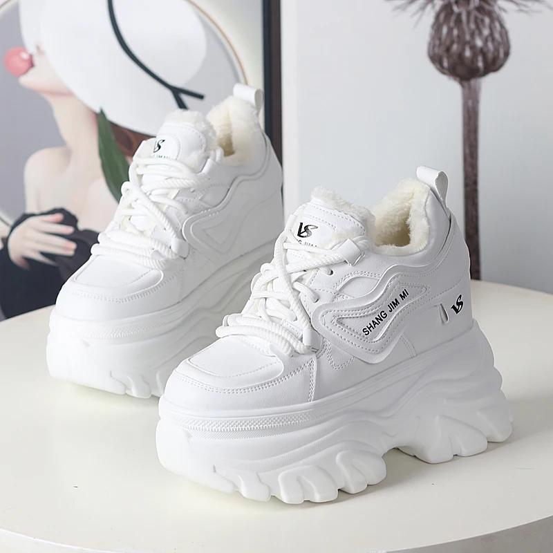 Fashion 12CM Synthetic Autumn Winter Spring Plush Warm Down Women Sneakers Wedge Ankle Booties Shoes Leather Platform Boots Winter