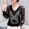 Primavera Outono Novo Manga Comprida Sexy Renda Camisetas Camisa Mulheres Casual Decote V Borboleta Strass Quentes Camiseta Senhoras Tops Elegantes