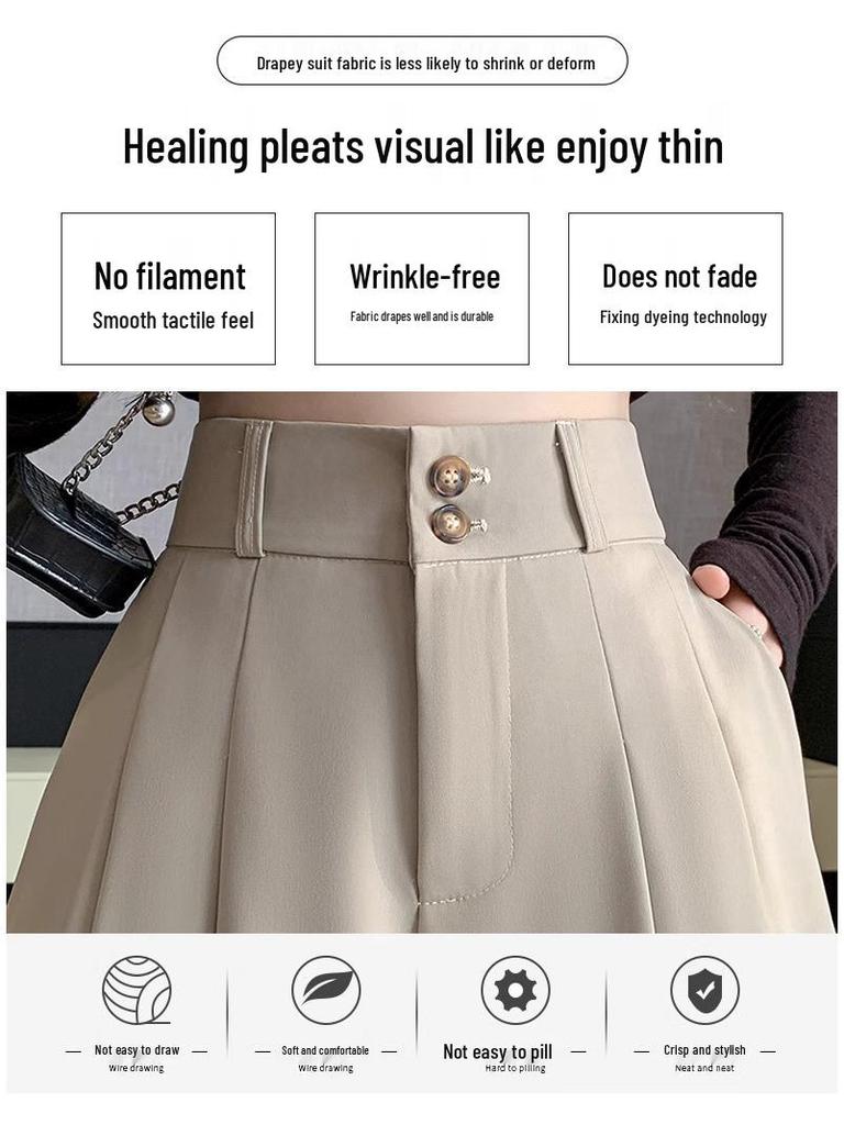 Autumn 2024 High-Waisted Petite Pleated A-Line Culottes - Black Wide-Leg Women's Shorts