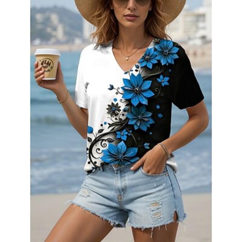 Women's T Shirt Floral Graphic Vintage Stylish Modern Short Sleeve V Neck Regular Tops Daily Print Summer