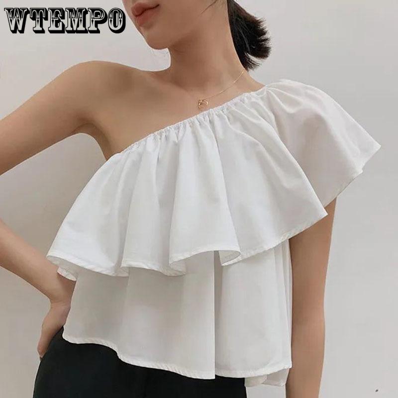 Sweet Off Shoulder Ruffled Top Women White Short T-shirt High Waist Navel Expose Sexy Desire Sleeveless Sloping Shoulder Summer