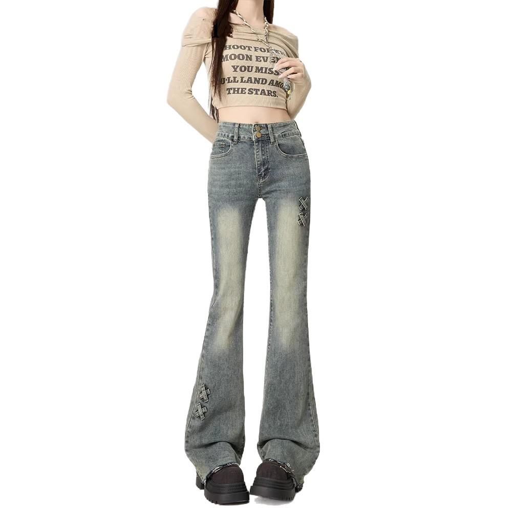 High-waisted micro-pull jeans women's spring trend versatile bow design sense slim-fitting thin micro-pull trousers