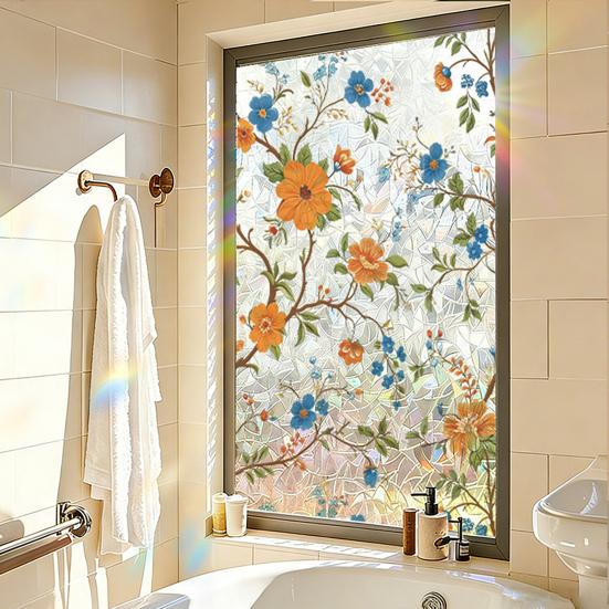 Buntglas Fensterfolie Regenbogen Floral Fenster Sichtschutzfolie Dekorativ Sonnenschutz Statisch Haftende Glasfolie für Haus Tür Fenster