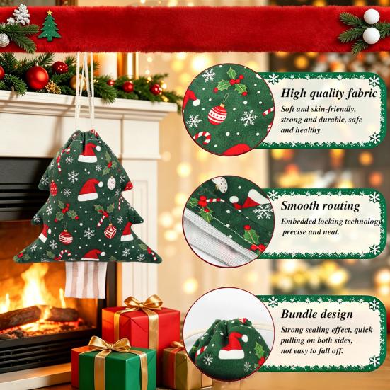 Christmas Tree Hanging Bags Shaped Drawstring Gift Bags, Xmas Treat Sacks, Holiday Pouches Candy Small Storage for Decorations Party Favors