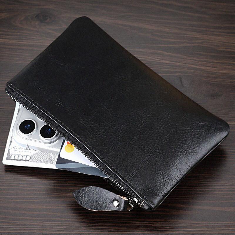 Ultra Thin Wallet Men's and Women's 6-inch Mobile Phone Bag Zipper Long Design Large Capacity Fashionable and Casual Top Layer Cowhide Clutch Bag