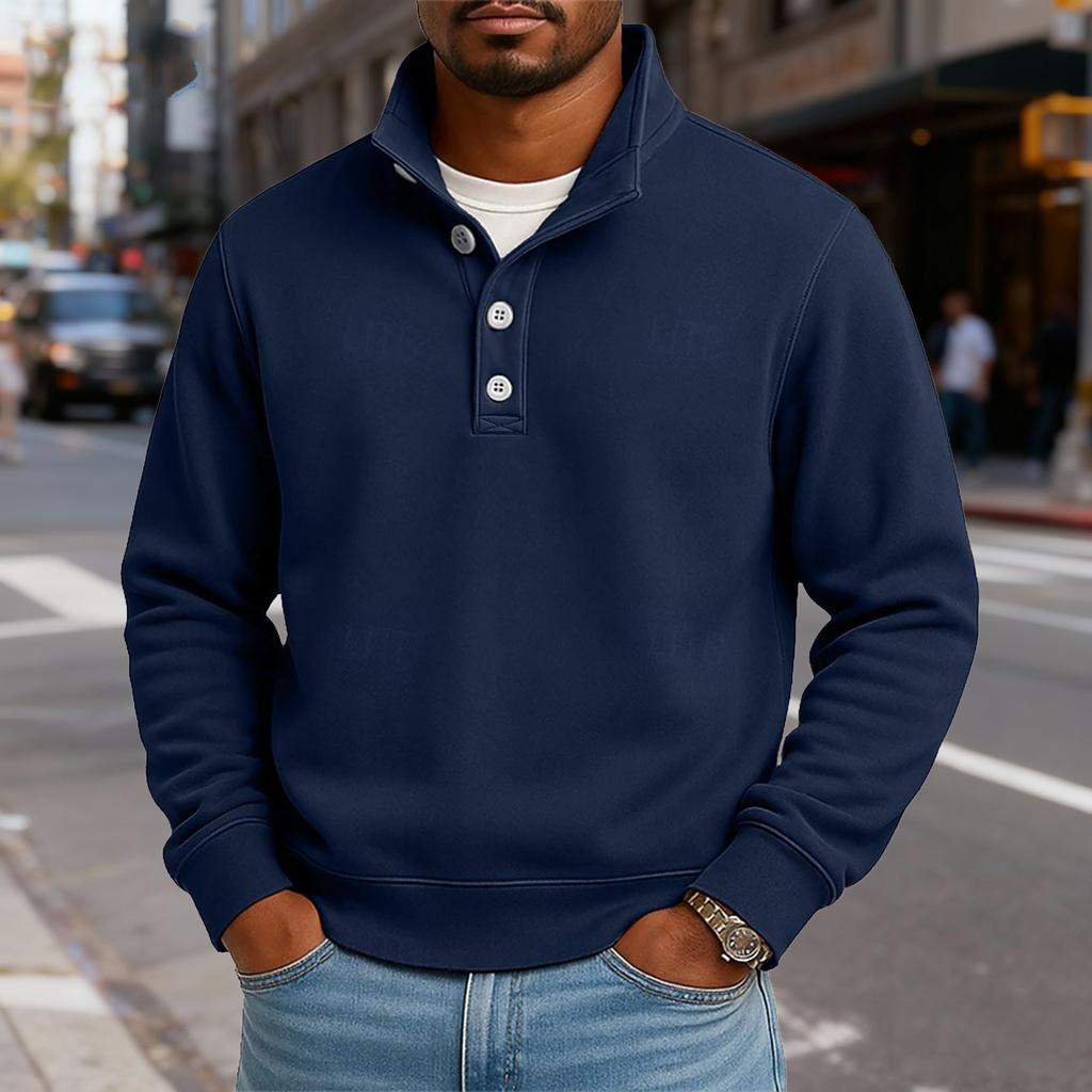 Men's Casual Stand-Up Collar Long-Sleeve Top Solid Color Button-Down Sweatshirt