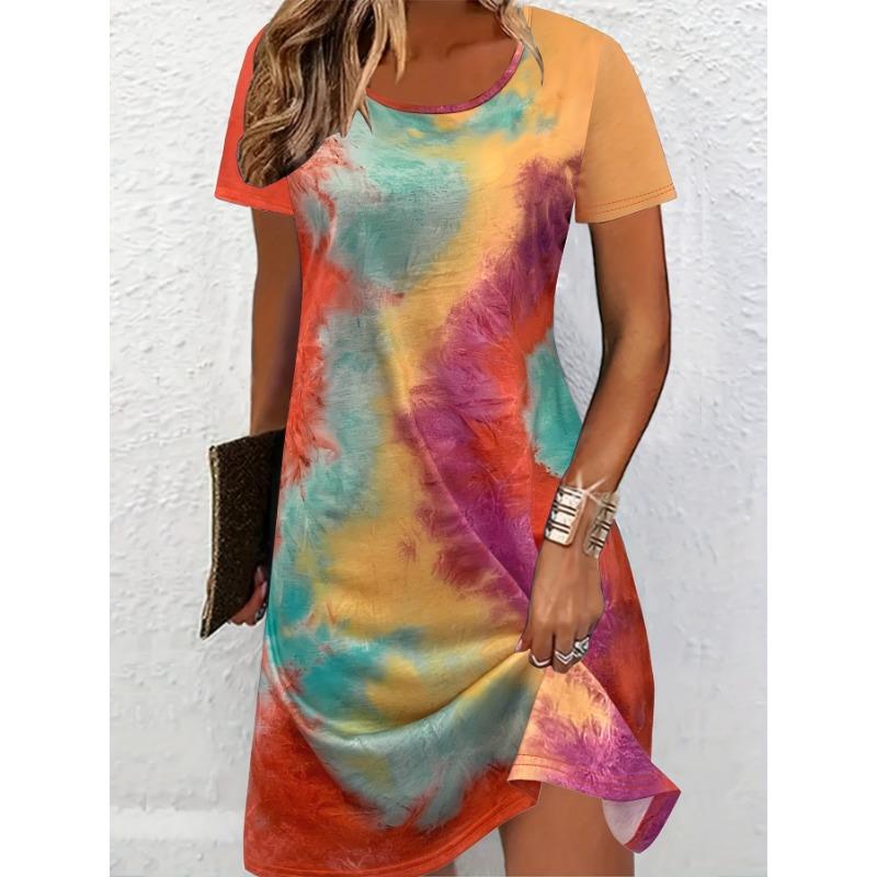 Breathable printed round neck short-sleeved T-shirt dress S
