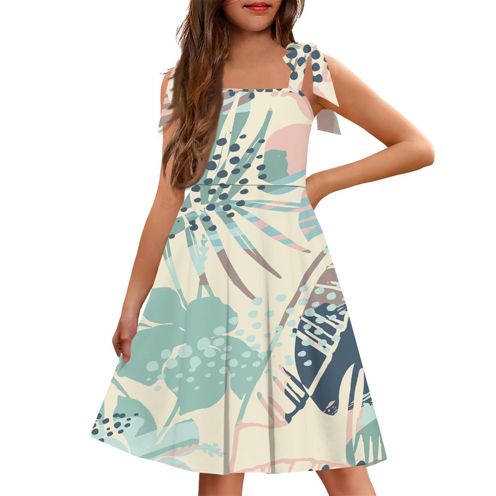 

Children s Jumpsuit Cuffless Pocket Square Neck Casual Hawaiian Print Dress 160 бежевый